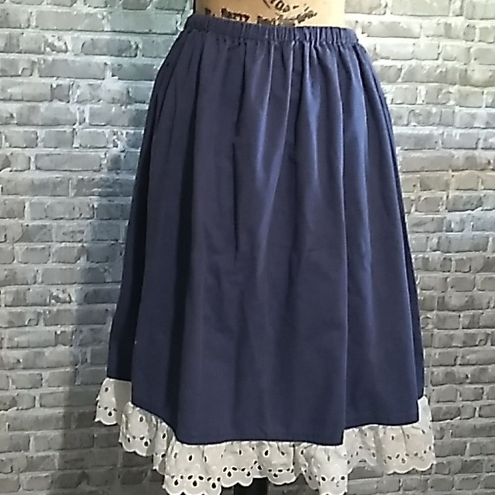 Handmade Vintage Blue Cottagecore Skirt with White Lace Trim